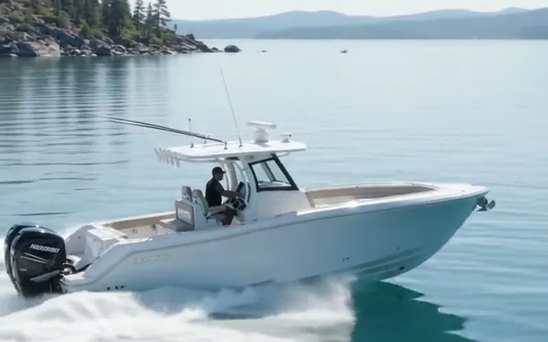 White boat leaving a wide wake on calm lake water