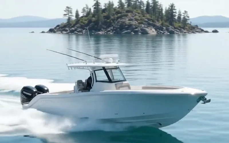 White center console boat running across a lake past a wooded island