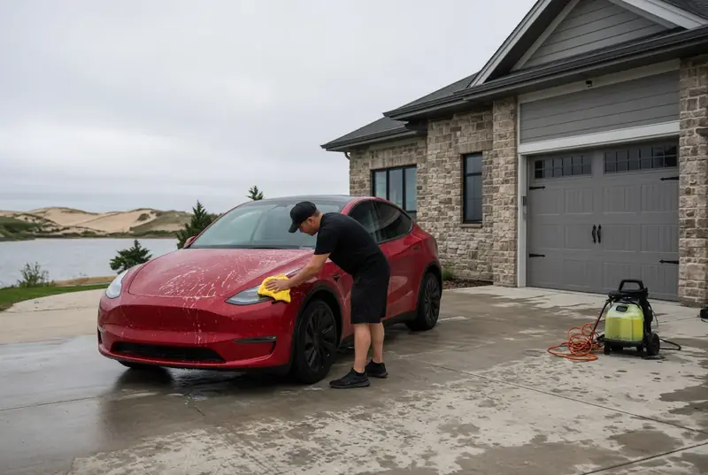 Manrique hand washing a red Tesla in a home driveway