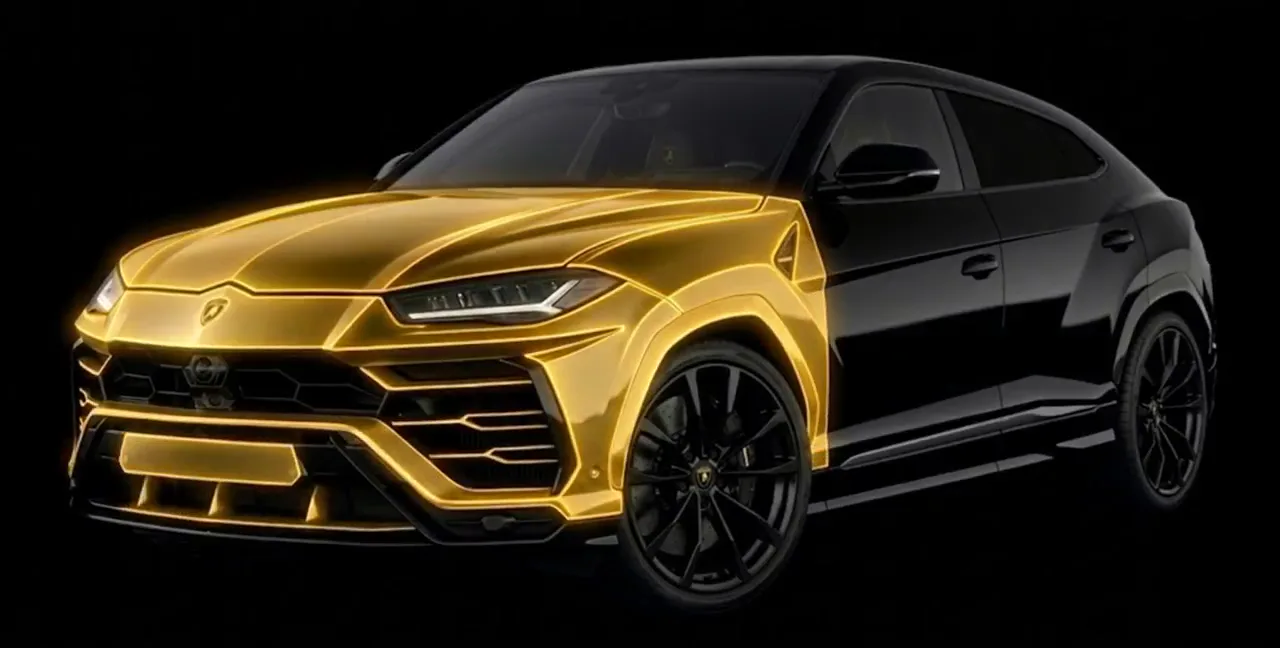 Black SUV with a gold wrap on the front end on a studio stage