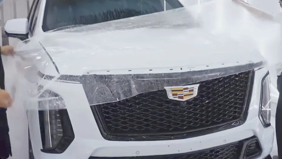 Installer applying clear paint protection film to the front of a white Cadillac
