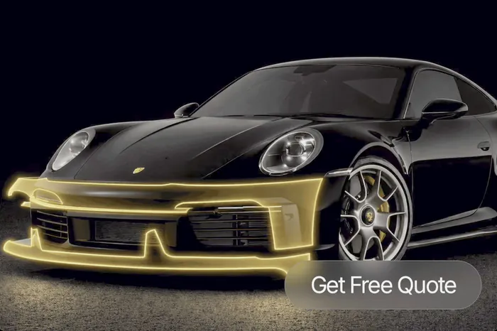 Porsche 911 with the front bumper paint protection film area outlined in gold