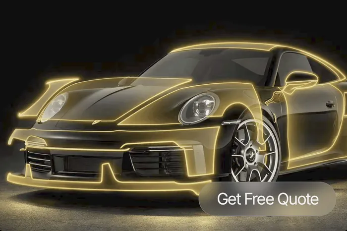Porsche 911 with paint protection film outlined in gold across every painted surface