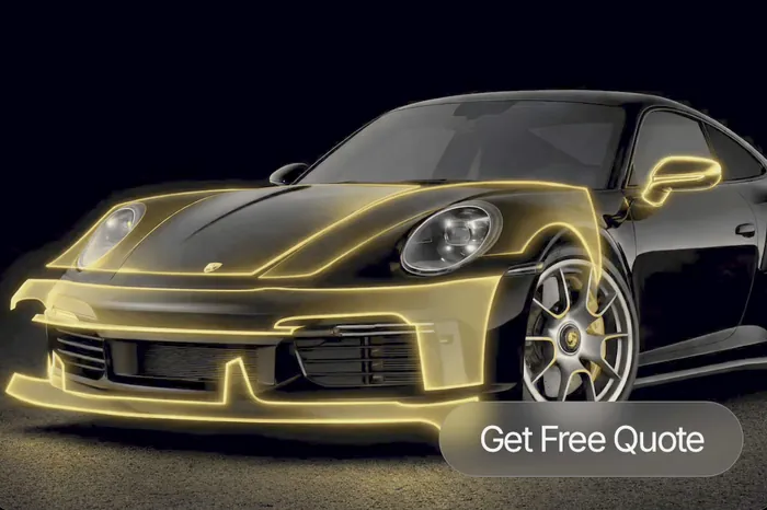 Porsche 911 with the Full Front paint protection film area outlined in gold on the bumper, fenders, hood and mirrors