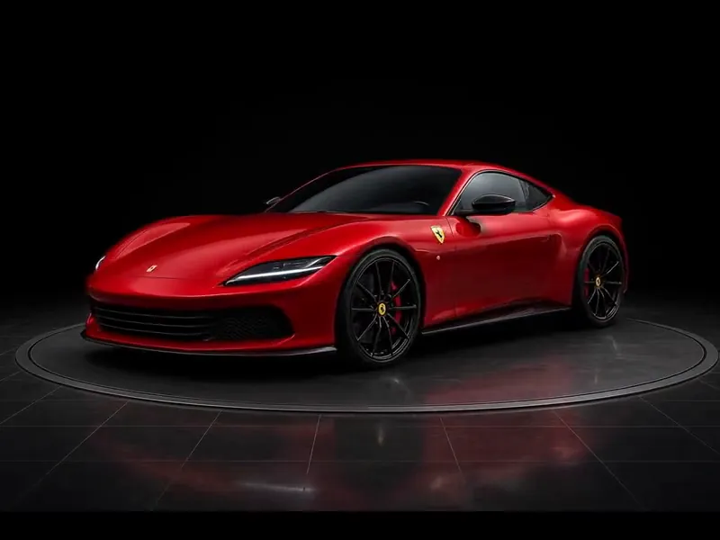 Red sports car turning on a display platform, shown for paint correction