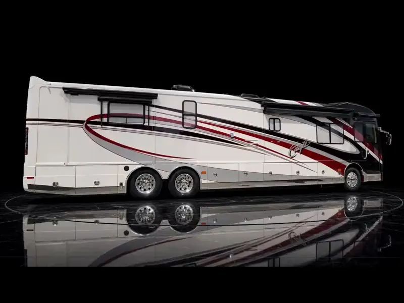 White and red Class A motorcoach on a studio turntable