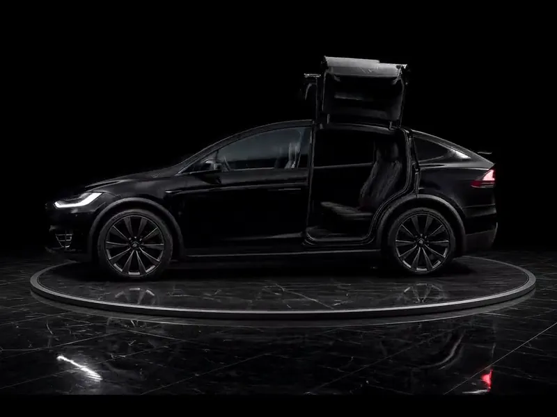 Black Tesla with gullwing doors open turning on a display platform, shown for the SunCoat 10-year ceramic coating