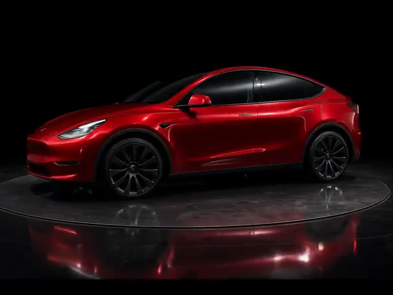 Red Tesla turning on a display platform, shown for the SunCoat 5-year ceramic coating