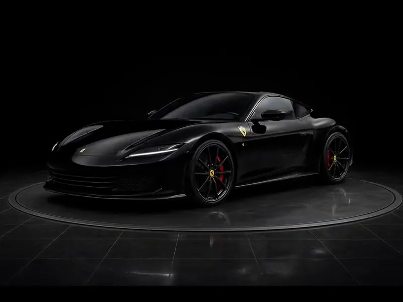 Black sports car turning on a display platform, shown for window tint