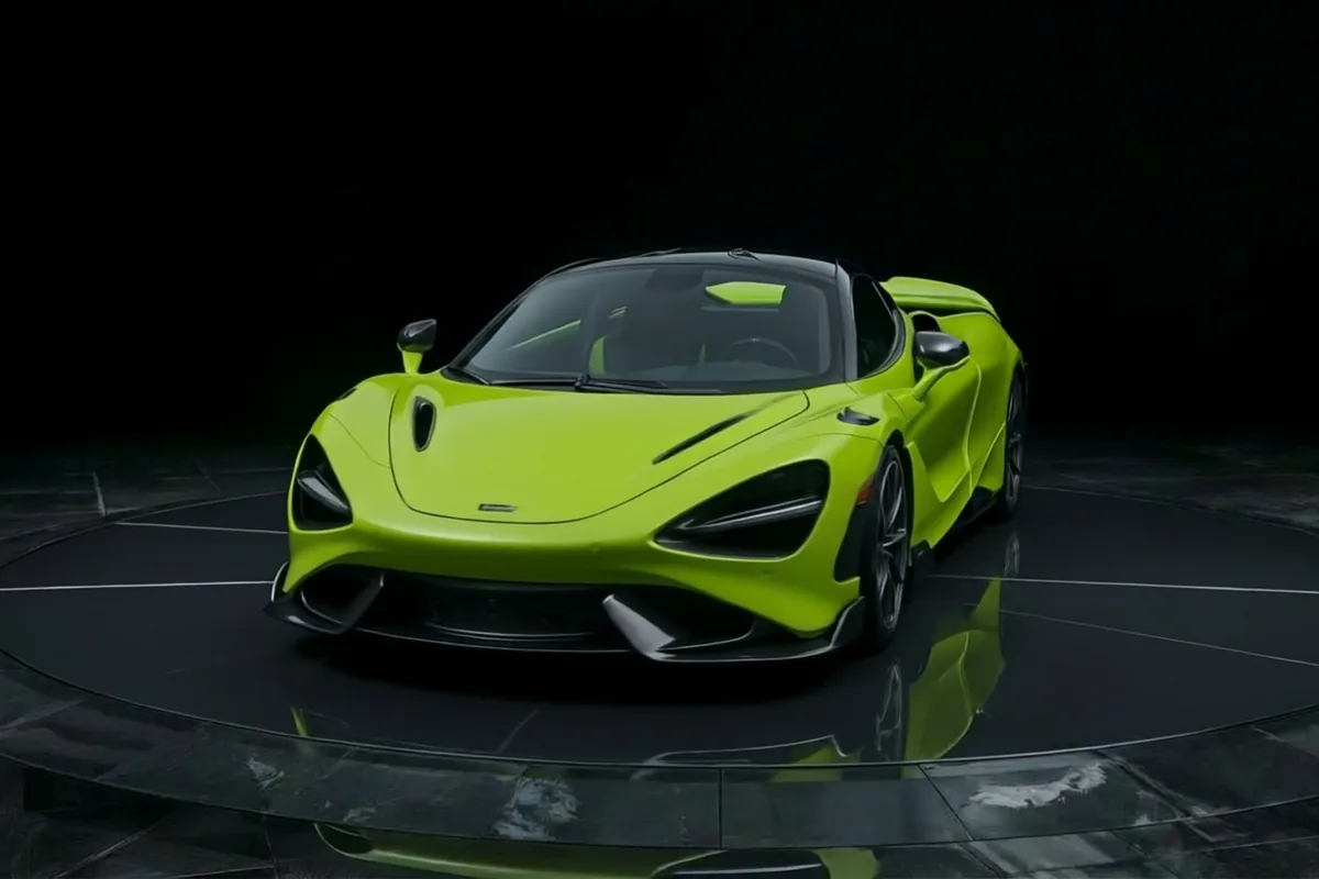 Lime green McLaren sports car with a gloss color finish
