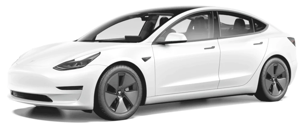 White Tesla Model 3 with Full Front paint protection film shown in rose over the bumper, hood, fenders and mirror