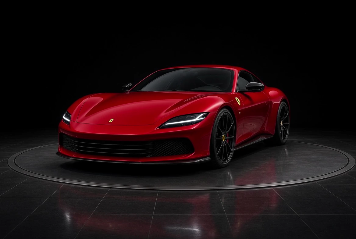 Red Ferrari rotating on a studio stage to show a vinyl wrap color
