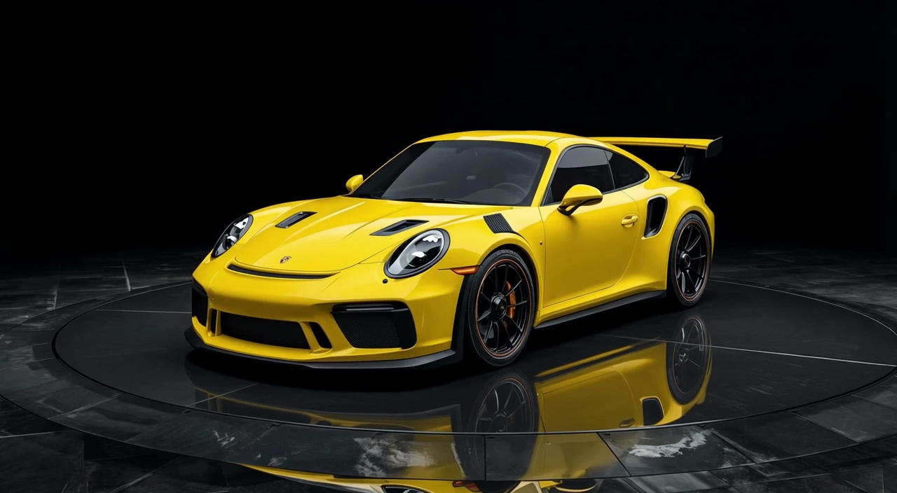 Yellow Porsche rotating on a studio stage to show a glossy wrap finish