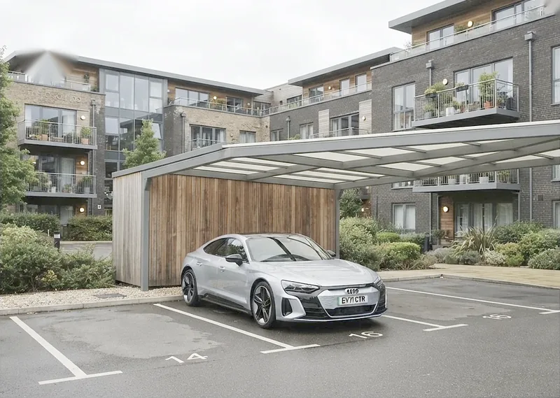 Silver Audi e-tron GT parked under a carport at an apartment complex