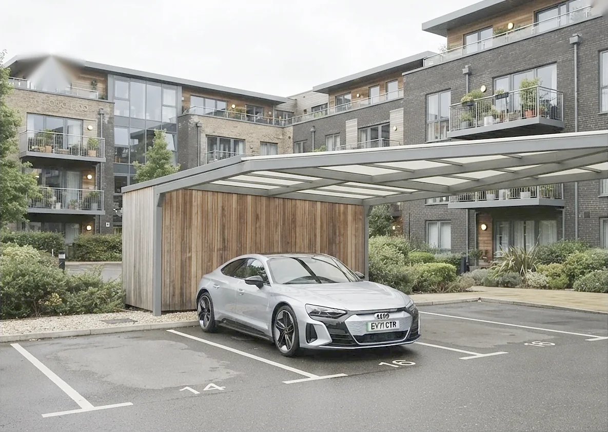 Silver Audi e-tron GT parked under a carport at an apartment complex