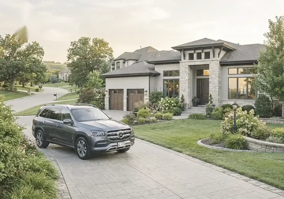 Gray Mercedes SUV parked in the driveway of a stone and stucco home