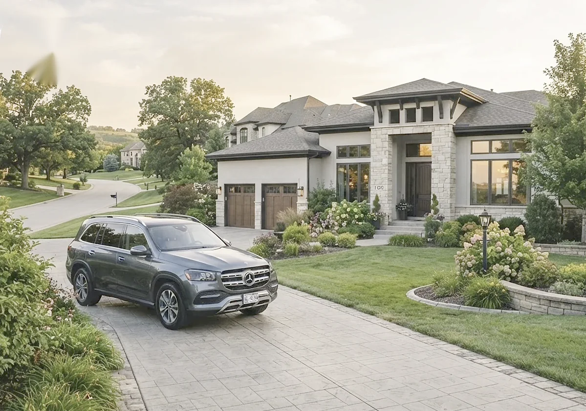 Gray Mercedes SUV parked in the driveway of a stone and stucco home