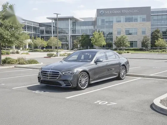 Gray Mercedes sedan parked in an office parking lot in front of a corporate building