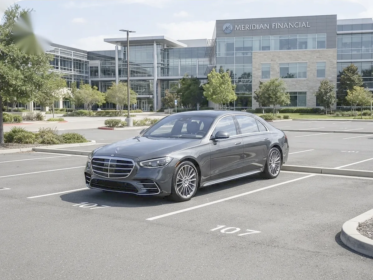 Gray Mercedes sedan parked in an office parking lot in front of a corporate building